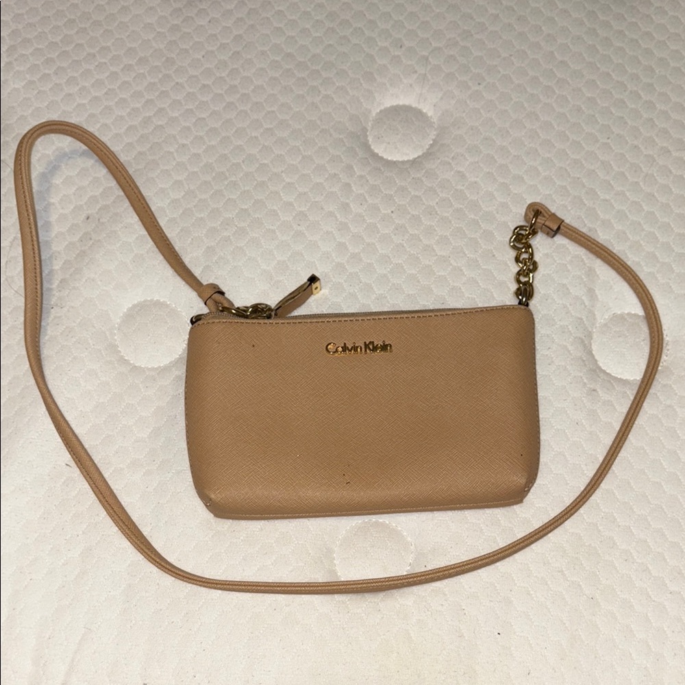 Calvin Klein Tan Leather Crossbody Bag with Gold Hardware